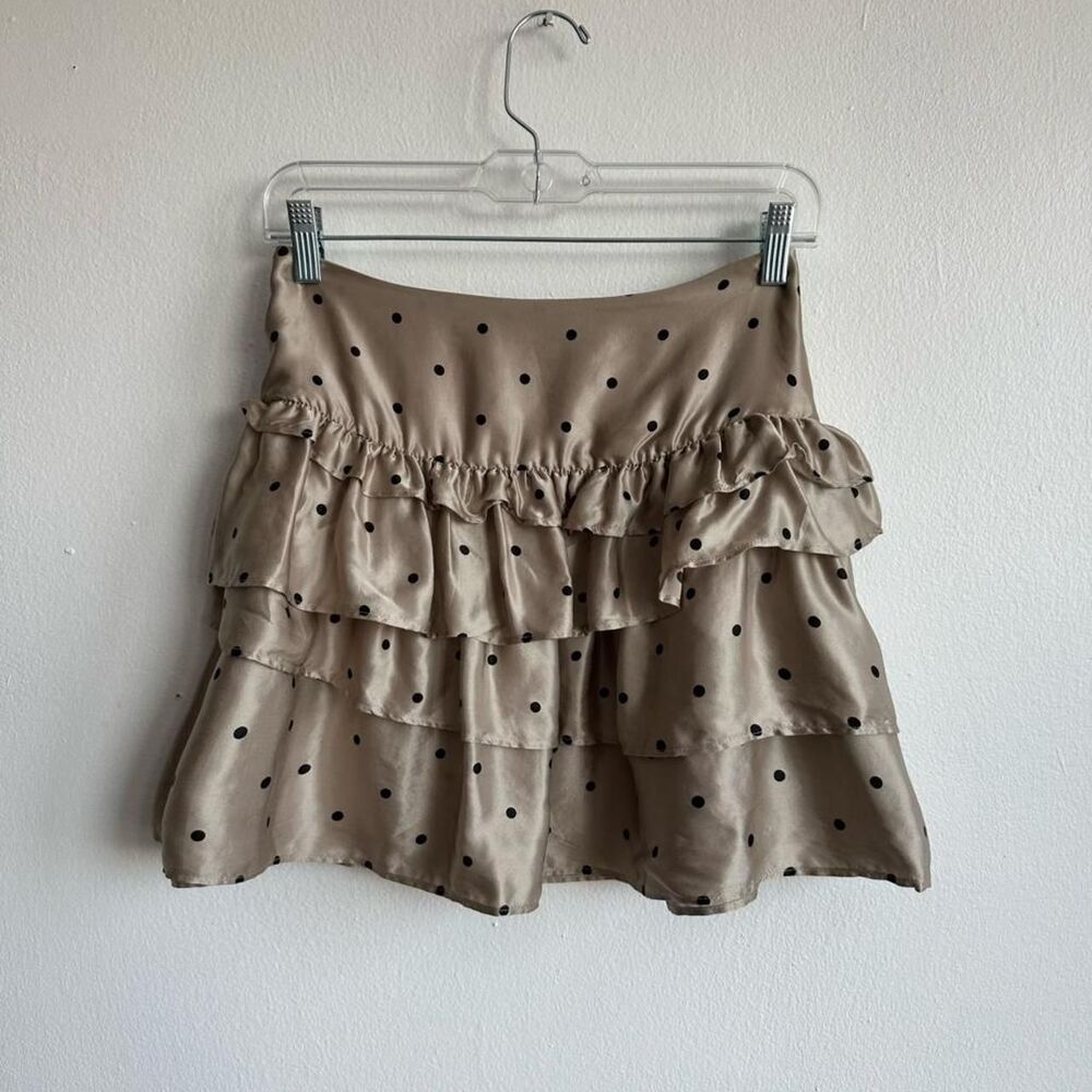 100% Silk Tan and black polka dot ruffled mini skirt